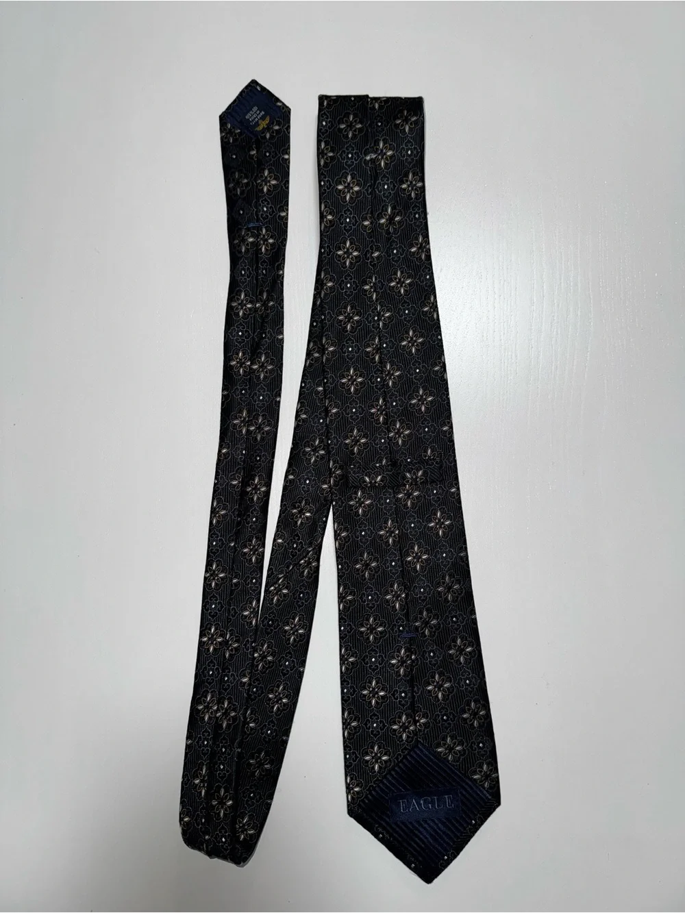Eagle Men's Woven 100% Silk Floral Pointed Tie Black Gold Blue Logo Handmade